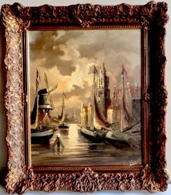 Niet of onleesbaar gesigneerd - Haarlem, Spaarne haven bij maanlicht - Gesigneerd:Vos (wie?) - Prachtige lijst! kopen? Bied vanaf 1!