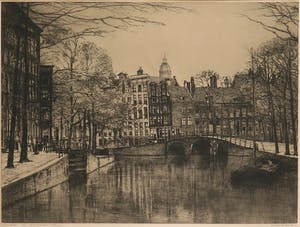 Johannes Josseaud - Ets, Herengracht grenzend aan Leidschegracht Amsterdam - Ingelijst kopen? Bied vanaf 35!