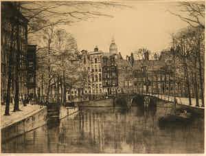 Johannes Josseaud - Ets, Herengracht grenzend aan Leidschegracht Amsterdam - Ingelijst verkocht voor € 35!