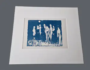 Wim Motz - Jaren 60 - bijzondere blauwe unica linosnede - Nonnen en badgasten - gesigneerd kopen? Bied vanaf 47!