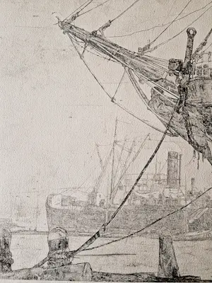 Antoon Derkzen van Angeren - Fraaie ets - Kade met boegspriet en stoomboot - potloodgesigneerd kopen? Bied vanaf 31!