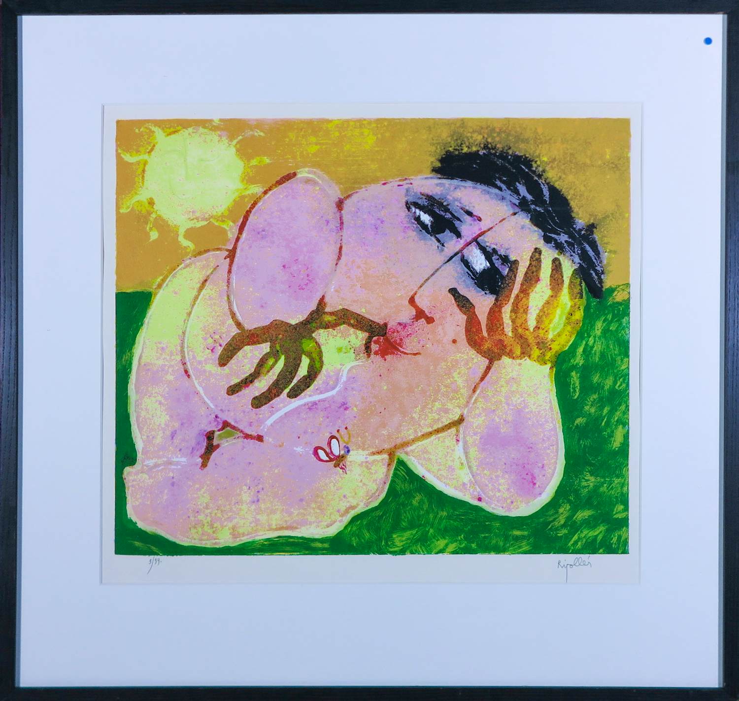 Juan Garcia Ripolles - Zeefdruk, Mujer con mariposa - Ingelijst verkocht voor € 100!