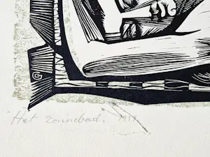 Gerard Gaudaen - grote in 1959 gemaakte Hout/Linosnede - het Zonnebad - potloodgesigneerd kopen? Bied vanaf 31!