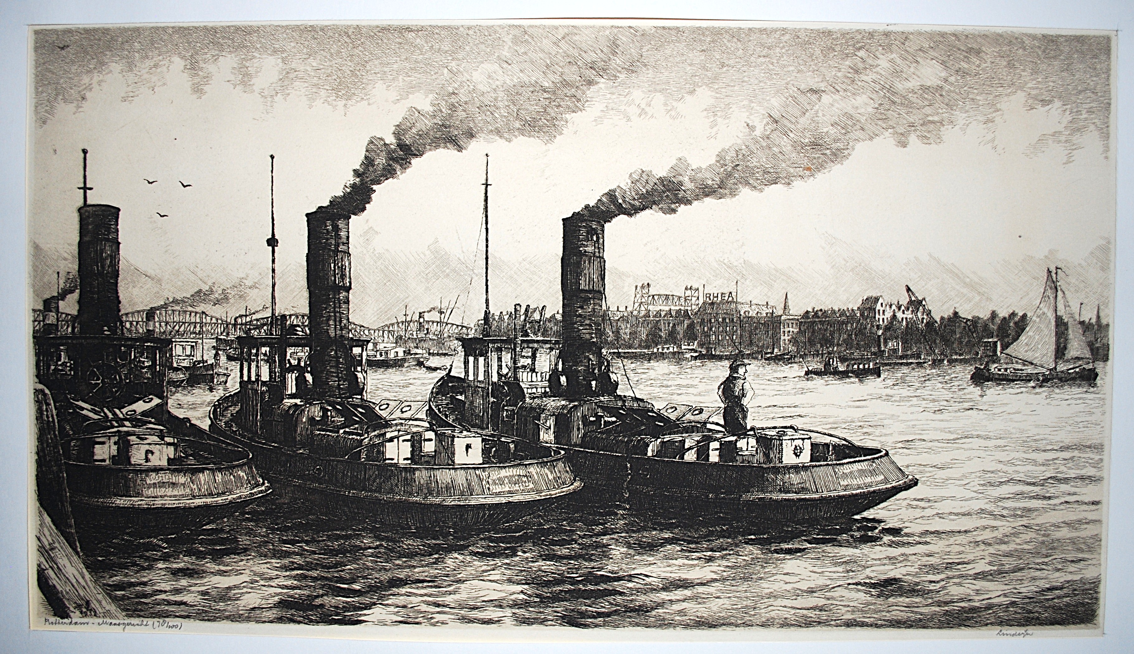 Buy Jaap Lindeijer - Sleepboten Rotterdam: 'Maasgezicht' - mooi ingelijste ets uit 1932? Bid from 75!
