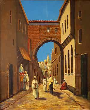 Niet of onleesbaar gesigneerd - Figuren bij een poort. verkocht voor € 1!