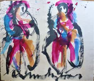 Anton Heyboer - 2 Vrouwen .Mooie krachtige kleurrijke schildering en aparte voorstelling . verkocht voor € 325!