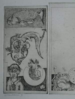 Ab Steenvoorden - Ets , Monument der Vissen – Surrealistische voorstelling, 1971 - 16½ x 41 cm kopen? Bied vanaf 1!