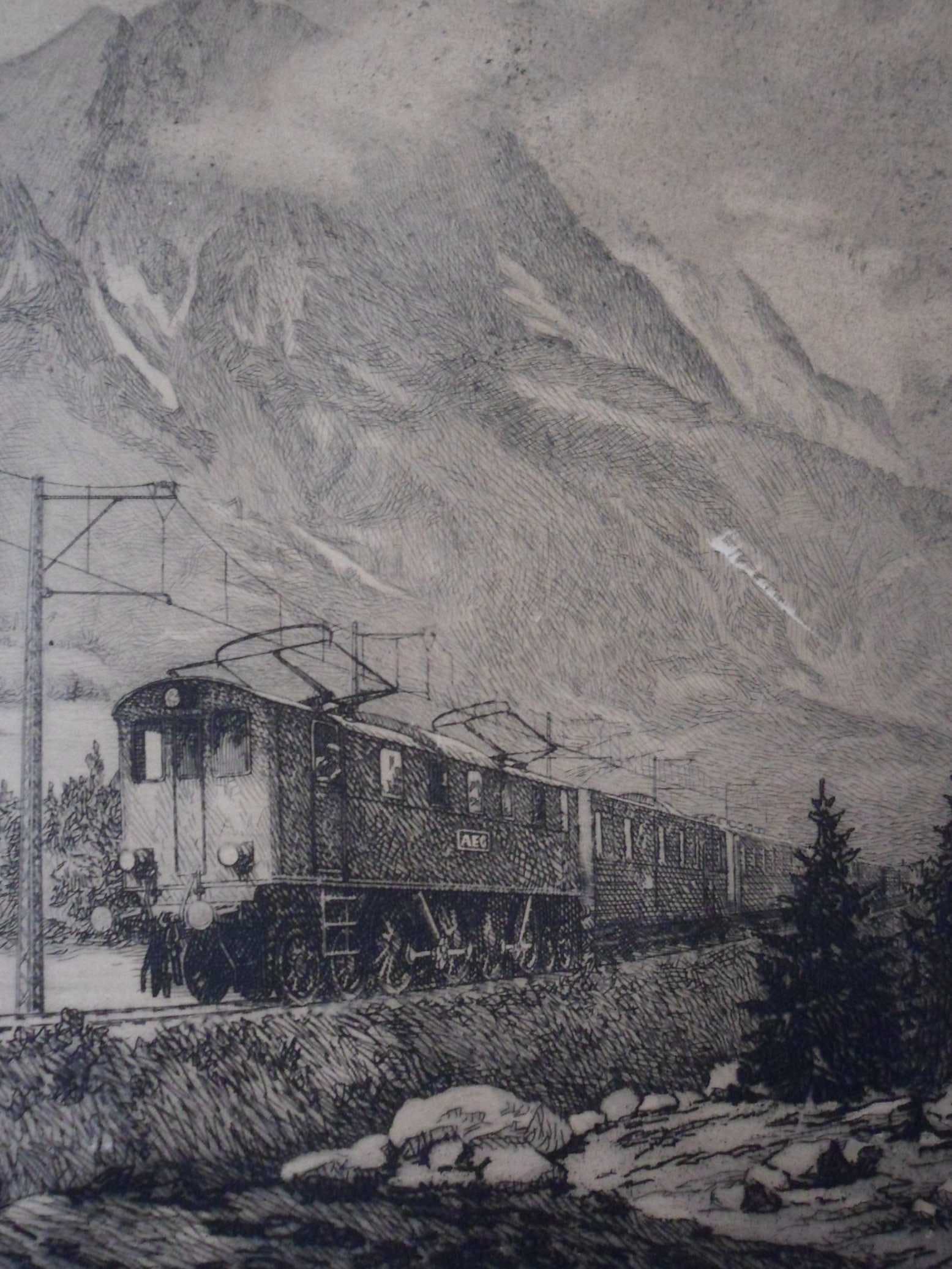 Niet of onleesbaar gesigneerd - Ets van een berglandschap met een trein. kopen? Bied vanaf 1!