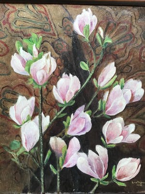 Lien Straver - Schilderij Magnolia’s, gesigneerd en ingelijst,olieverf op doek kopen? Bied vanaf 25!
