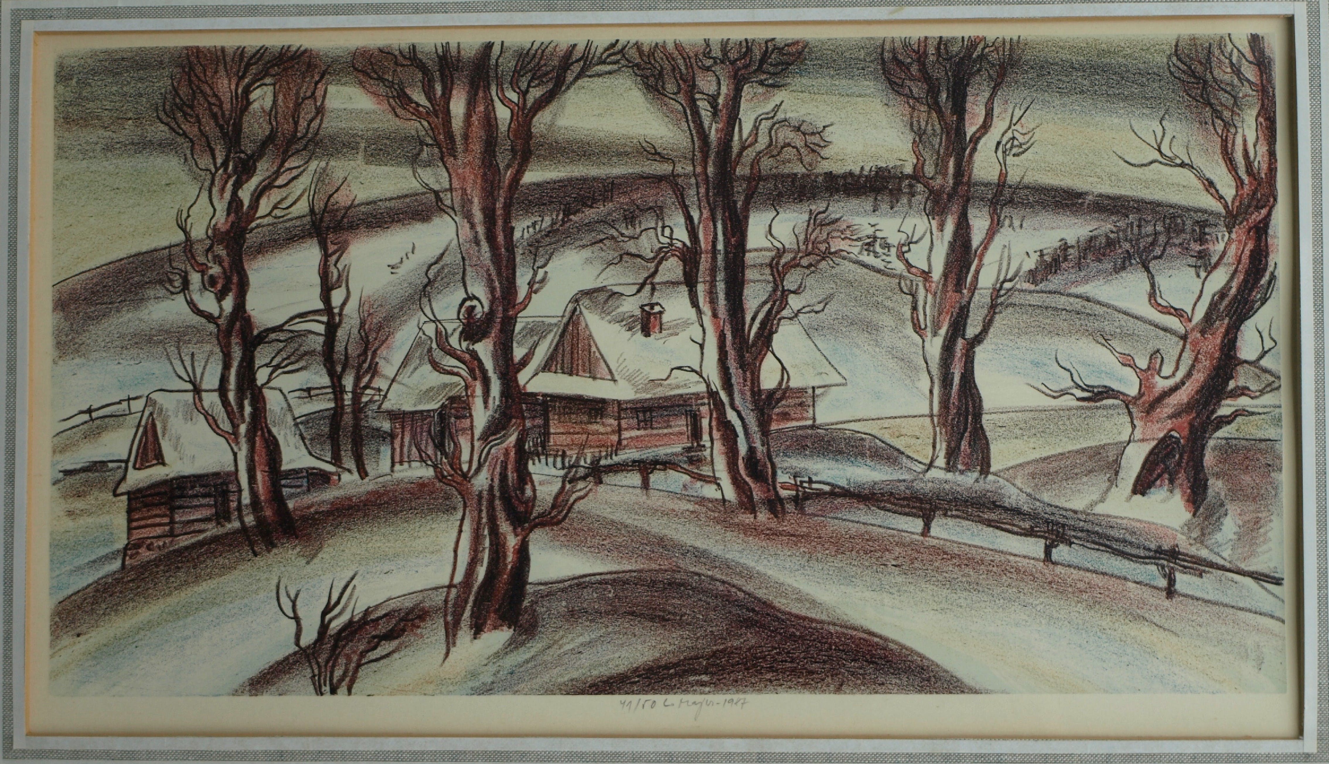 Luděk Majer - Litho, Winterlandschap 1 – gesigneerd & ingelijst – nr 41/50 - 1987 kopen? Bied vanaf 1!