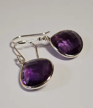 nieuzilveren oorbellen, elk met  aan beide zijden gefacetteerde paarse amethist kopen? Bied vanaf 40!