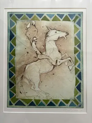 Ronald Tolman - Man op steigerend paard zwaaiend met witte vlaggen. kopen? Bied vanaf 100!