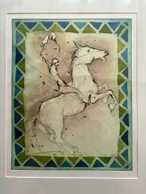 Ronald Tolman - Man op steigerend paard zwaaiend met witte vlaggen. verkauft für € 100!