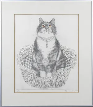 Ella van Schaik - Ets, Zittende lapjeskat - Ingelijst kopen? Bied vanaf 35!