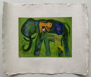 Shahid Parvez - kleurenzeefdruk - 'Man met olifant' kopen? Bied vanaf 80!