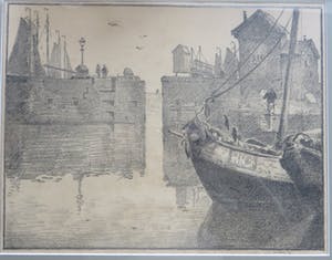Willem Knip - Hoorn. Havengezicht met boten en figuren en geopende sluisdeuren kopen? Bied vanaf 75!