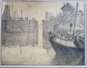 Willem Knip - Hoorn. Havengezicht met boten en figuren en geopende sluisdeuren verkocht voor € 75!