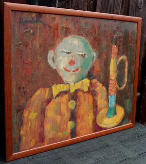 Jan Linschooten - Ingelijste olieverf op board: Clown met trompet kopen? Bied vanaf 199!