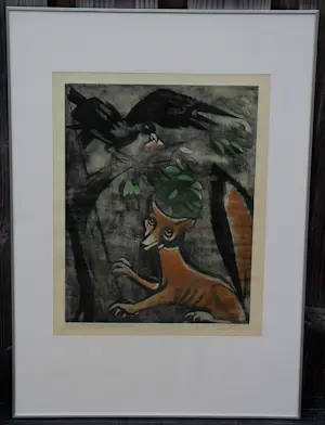 Jeanne Bieruma Oosting - Ingelijste ets/aquatint: 'De raaf en de vos(Fables de la Fontaine)' kopen? Bied vanaf 399!