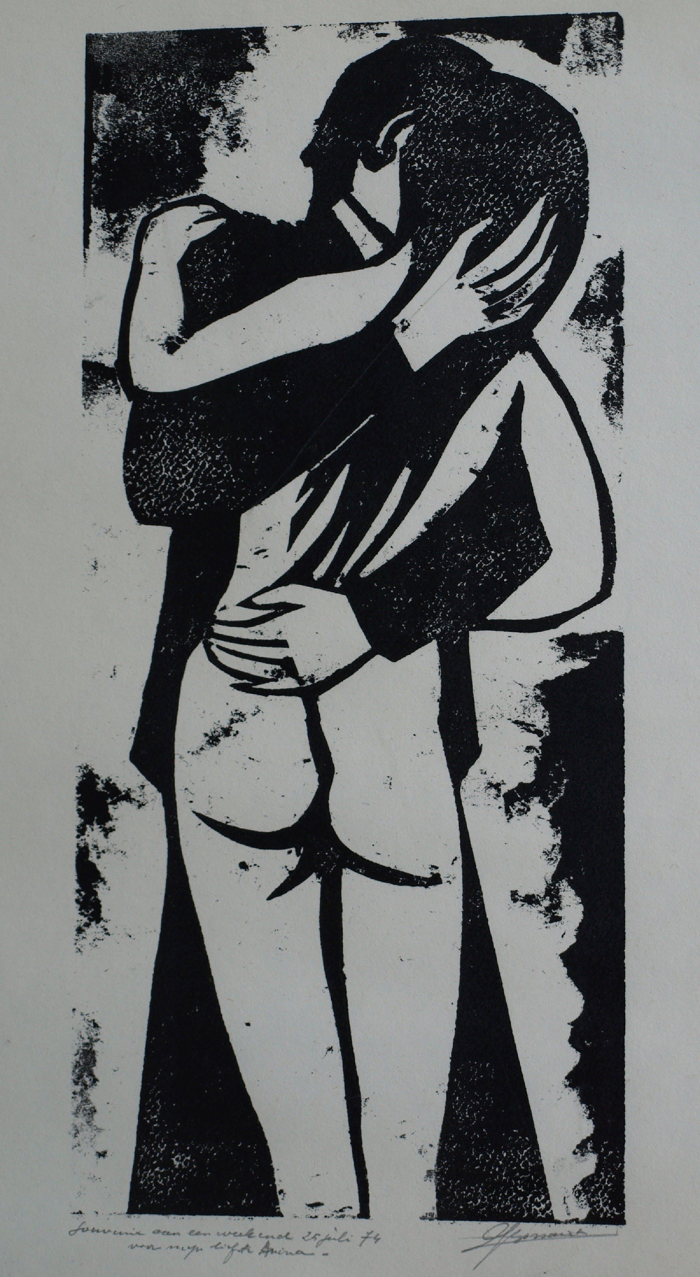 Jozef Bossaert - Kartonsnede , Kussend paar – ingelijst – 1974 kopen? Bied vanaf 15!