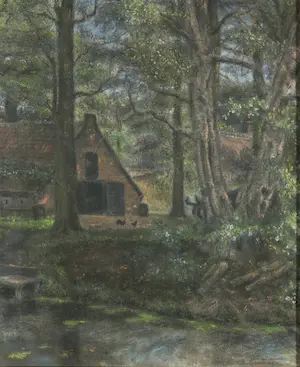 Niet of onleesbaar gesigneerd - Tekening in pastelkrijt, landschap met boerderij - Ingelijst kopen? Bied vanaf 1!