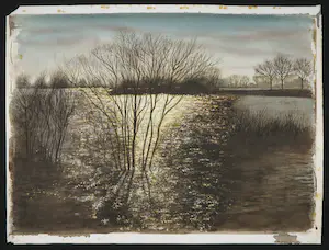 Rob Stoffer - Krijt en gouache op papier, Waterlandschap kopen? Bied vanaf 1!