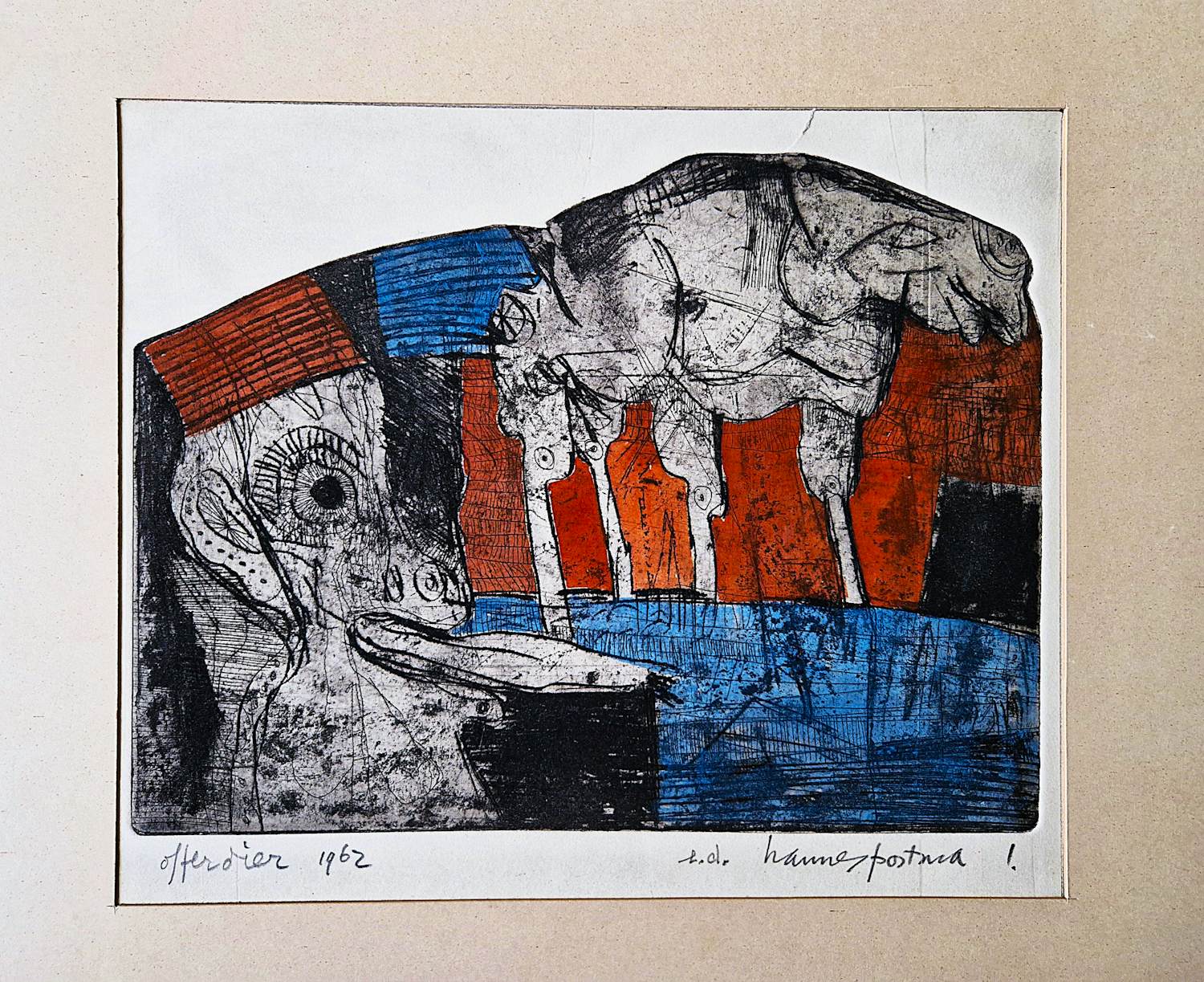Hannes Postma - polychrome reliëf ets + aquatint - 1962 - offerdier - unica exemplaar! - gesign. kopen? Bied vanaf 32!