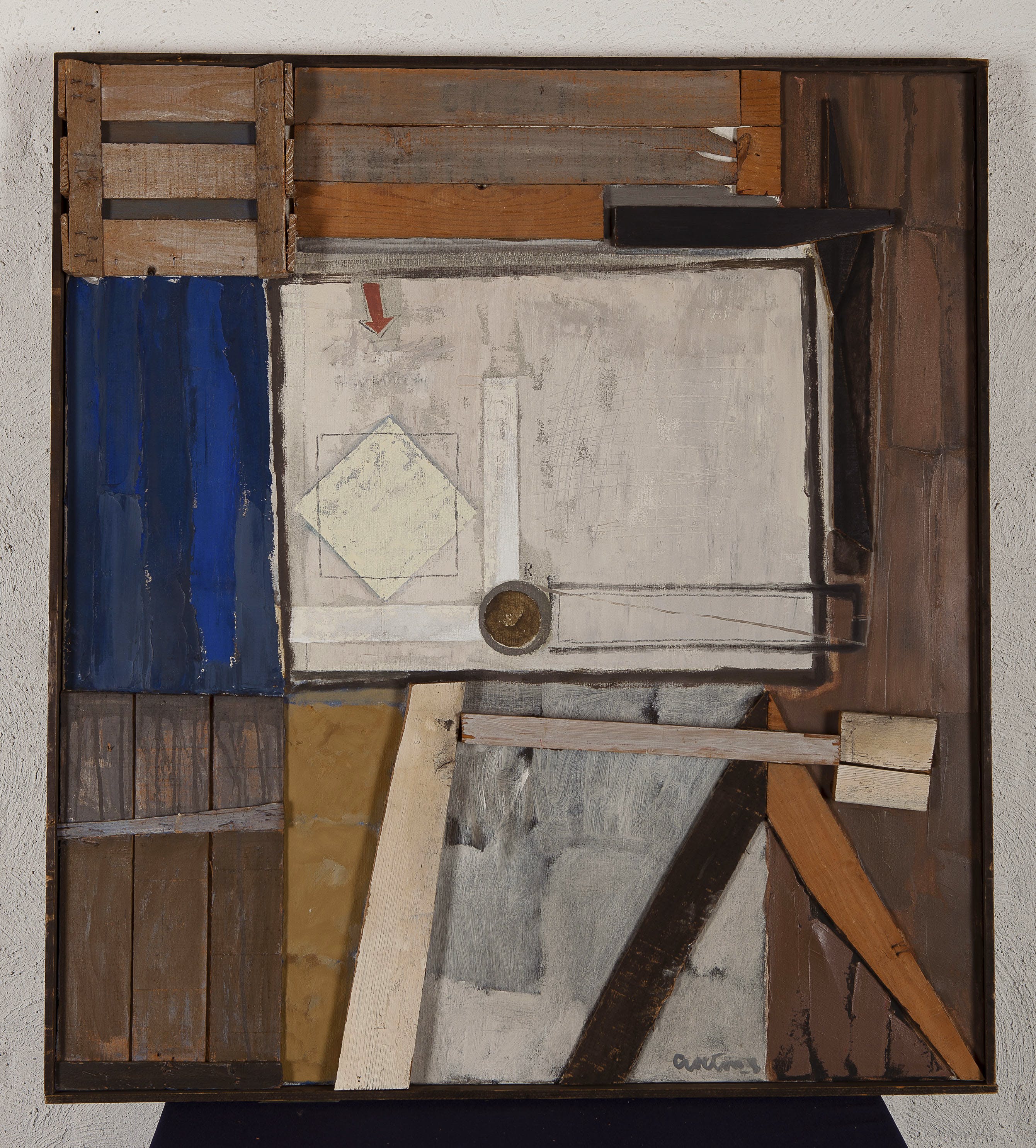 Jan Goeting - Atelier Compositie I - Hout en olieverf - gesigneerd m.o. - BKR Den Haag - 1975 kopen? Bied vanaf 15!