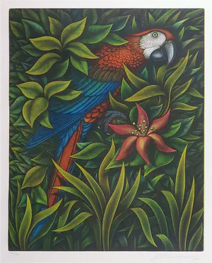 Volker Kühn - Kleurenets, Papegaai in planten - Ingelijst kopen? Bied vanaf 1!