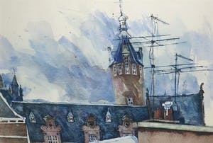 Jan van Spronsen - Aquarel, Torentje Gymnasium Haganum - Ingelijst kopen? Bied vanaf 35!