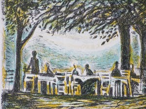 Lex Metz - Figuren op zonnig terras - Kleurenlitho kopen? Bied vanaf 25!