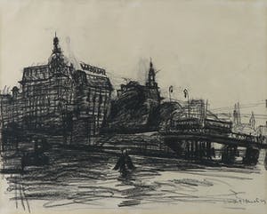 Vincent Hamel - Houtskool op papier, Damrak brug (Amsterdam) - Ingelijst kopen? Bied vanaf 1!