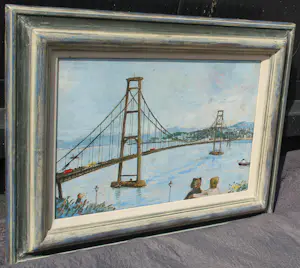 Harm Kamerlingh Onnes - Ingelijste olieverf: Gezicht op de Golden Gate Bridge te San Francisco - 1967 kopen? Bied vanaf 1500!