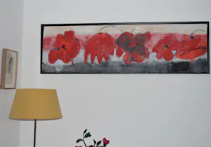 Antonio Poioumen - Rode bloemen, gemengde techniek, acryl - fraai ingelijst, groot kopen? Bied vanaf 350!