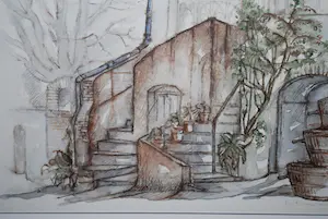 Bob Denneboom - Frankrijk: de twee stenen trappen - aquarel, fraai ingelijst kopen? Bied vanaf 50!