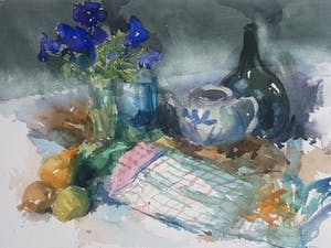 Louis van der Beesen - Stilleven met stenen kruik en blauwe violen kopen? Bied vanaf 75!