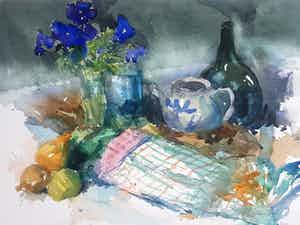 Louis van der Beesen - Stilleven met stenen kruik en blauwe violen verkocht voor € 75!