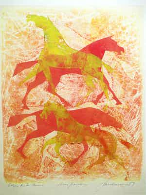 Jan Bezemer - Vier paarden - Kleurenlitho verkocht voor € 50!