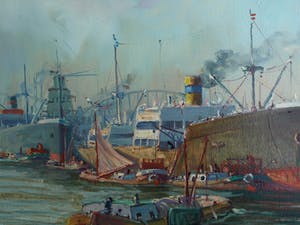 Niet of onleesbaar gesigneerd - Olieverf op doek , Havengezicht, Rotterdam? – ingelijst & gesigneerd kopen? Bied vanaf 1!