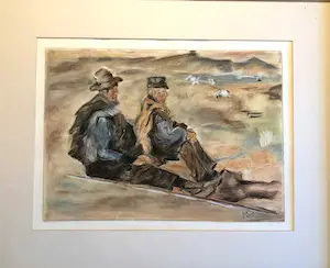 Niet of onleesbaar gesigneerd - Herders - Krijttekening, Ingelijst kopen? Bied vanaf 1!