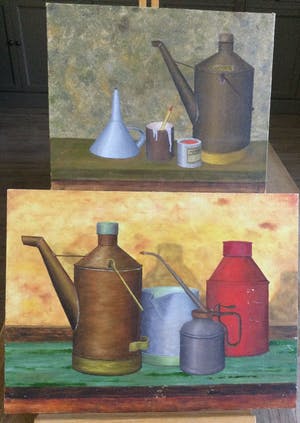 Niet of onleesbaar gesigneerd - Lot van 2 schilderijen | Stillevens met oliekannen kopen? Bied vanaf 1!