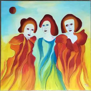 Maartje Wijngaarden - "drie vrouwen" | surrealistisch schilderij (Groot) kopen? Bied vanaf 115!