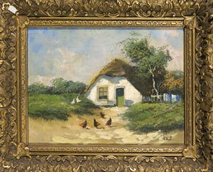 Niet of onleesbaar gesigneerd - Olieverf op paneel, Landschap met boerderij kopen? Bied vanaf 1!