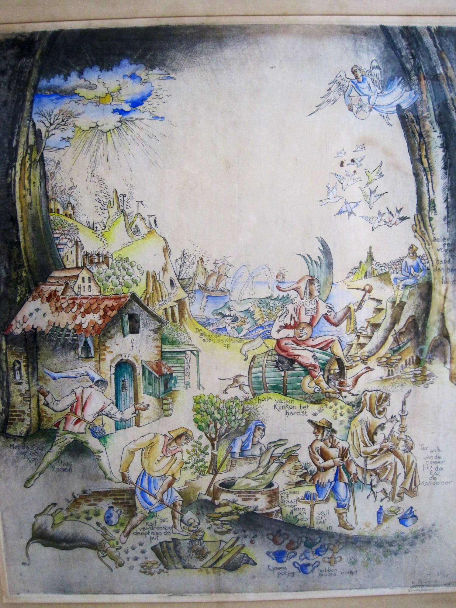 Hubert Levigne - Hand ingekleurde ets met spreekwoorden. verkocht voor € 45!