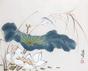 Wang Rong - Aquarel, Lotusbloem met vogel kopen? Bied vanaf 350!