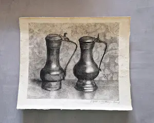 Tjitske G.M. van Hettinga Tromp - Fraai gedetailleerde monochrome Ets "waterkannen" gesigneerd kopen? Bied vanaf 24!