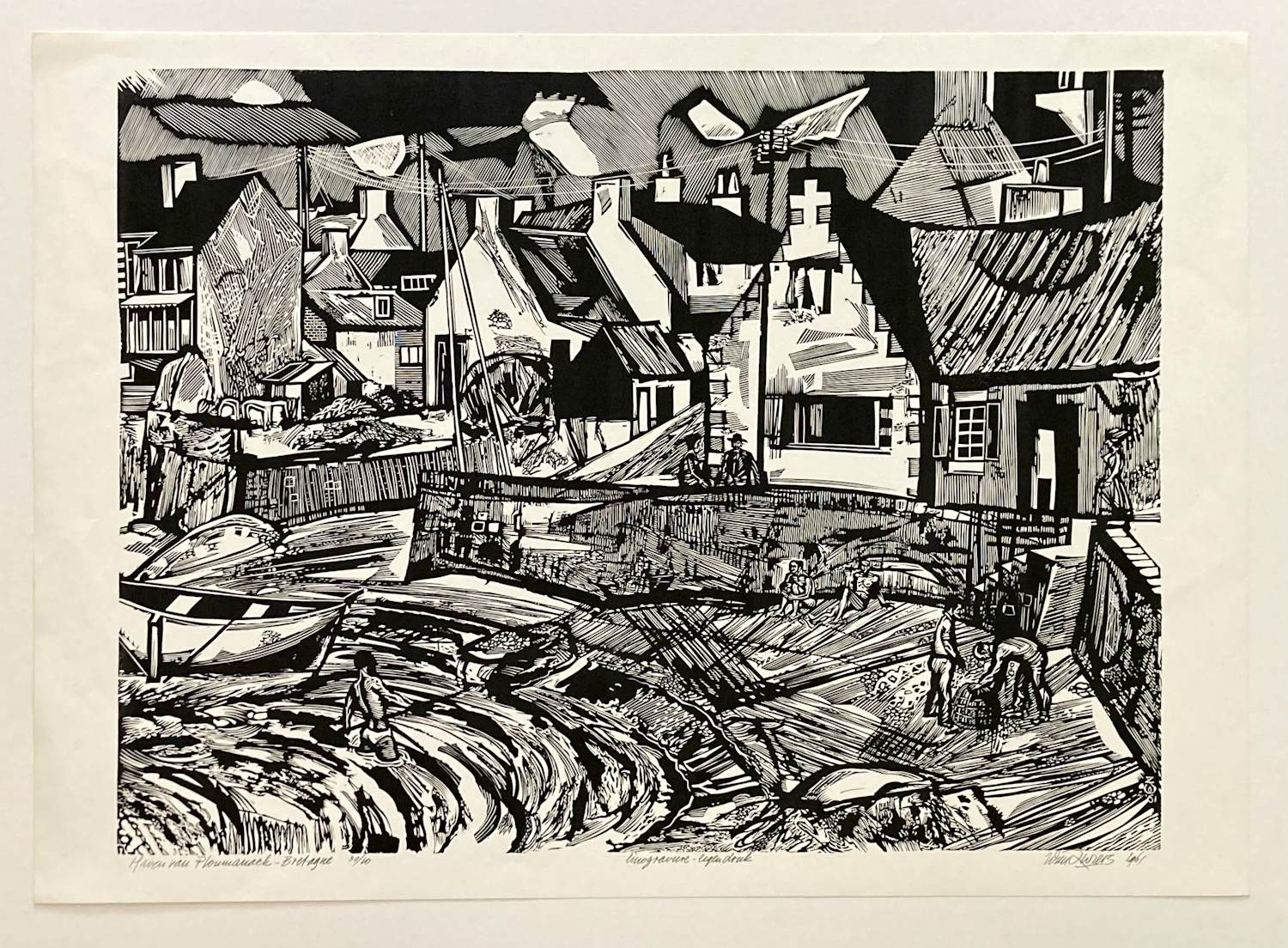 Wim Zwiers - Linosnede 'Haven van Ploumanach-Bretagne' uit 1961. Gesigneerd. kopen? Bied vanaf 25!