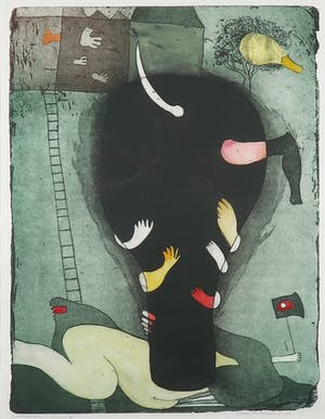 Michel van Overbeeke - Kleurenets met bladgoud, Different houses VI - Ingelijst kopen? Bied vanaf 1!