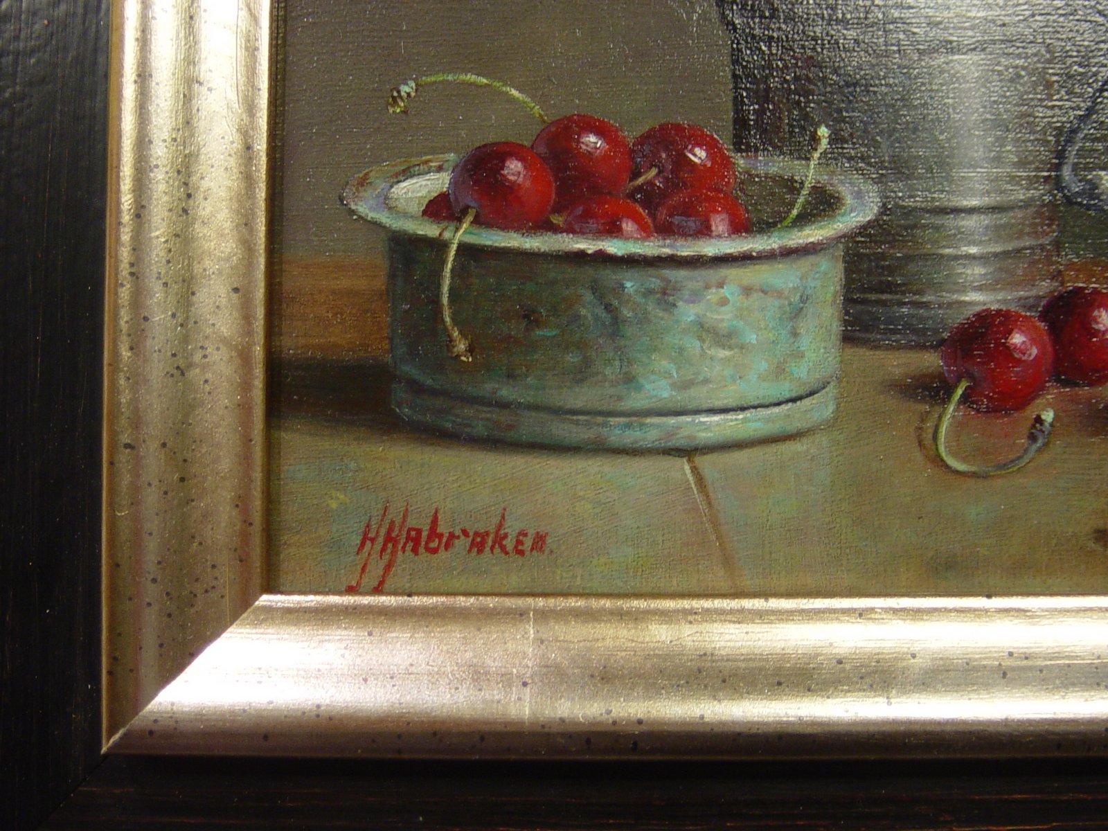 Hans Habraken - Stilleven met groene schaal, tinnen kan en kersen kopen? Bied vanaf 280!