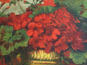 Buy Jeanette Slager - Olieverf op board, Geraniums in koperen pot – gesigneerd en ingelijst? Bid from 225!